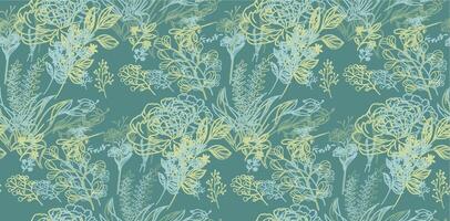 Seamless intricate floral pattern resembling a royal tapestry.Features stylized peonies,foliage in soft yellow, green hues on a muted turquoise background. Elegant, textured, for textiles, wallpapers vector