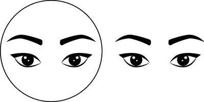 icons of female eyes with eyebrows and eyelashes. An icon for eyes, long eyelashes, and eyebrows.Black on a white background.For design, cosmetology, and infographics. vector