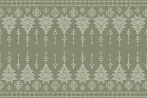 A seamless damask border pattern featuring intricate floral motifs and classical columns. The soft blue-green background and cream-colored design create an elegant and timeless aesthetic. vector