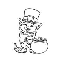 Smiling leprechaun with a pot of gold, ready for coloring. vector