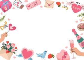 Happy Valentine's Day frame with romantic elements. Heart with wings, envelope flowers, champagne, chocolate, gift and valentine heart. Horizontal invitation background A4 format. illustration. vector