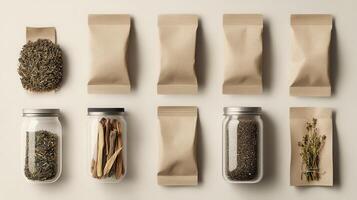 Herbal Tea Packaging Mockup With Various Dried Herbs photo
