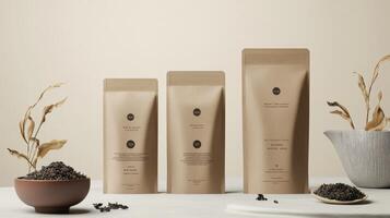 Three Kraft Paper Tea Pouches Displayed Aesthetically photo
