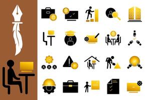 Work icon set designed to depict various modern work activities, with gold and black gradient colors, ideal for various design projects, applications, presentations and branding. vector