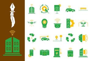 Smart City icon set designed in a futuristic and minimalist style, with green and yellow colors, ideal for urban technology, sustainability, and digital innovation. vector