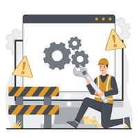 under maintenance concept Repairman with a wrench on the background of the monitor. illustration. vector