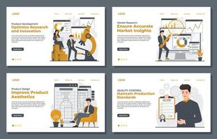 Landing page template integrating product development, product design, market research, and quality control to optimize workflows, enhance solutions, and ensure compliance iso 9001 vector