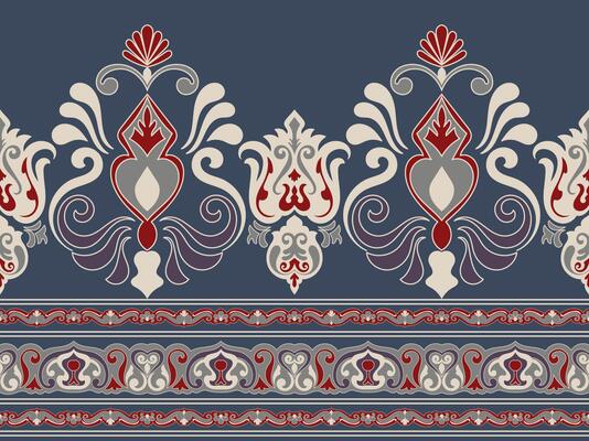 Damask pattern Ikat floral pattern on dark blue background. illustration of ethnic Ikat pattern. Aztec style. Hand drawn. Baroque embroidery. Design for texture, fabric, clothing, decoration