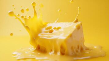 A Block of Cheese Creating a Splash of Yellow - Ideal for Food Photography, Culinary Art, and Creative Projects photo