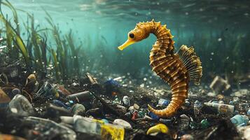 A Lonely Seahorse Struggling in a Pollution Filled Ocean Environment A Visual Call to Action for Marine Conservation photo