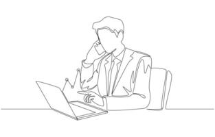 Continuous one line drawing of businessman talking on smartphone while looking at stock chart on laptop, investment consultation, stock broker concept, single line art vector