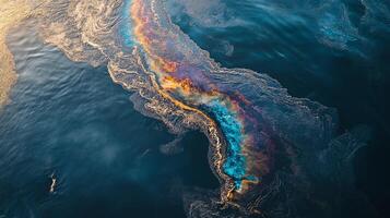 Aerial View of Oil Spill in Ocean Highlighting the Widespread Environmental Impact and Urgent Need for Cleanup Efforts photo