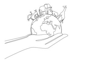 Continuous one line drawing of two hands holding globe with various animals, environmental care, protection of wild animals concept, single line art vector