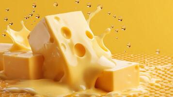 A Captivating Display of Cheese Blocks with Liquid Cheese Splashing, Perfect for Gastronomic Visuals and Culinary Promotions photo