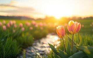 serene spring landscape featuring pink tulips by small stream at sunset, creating peaceful atmosphere photo