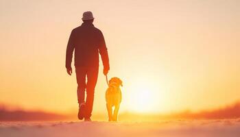 person walks dog along beach at sunset, creating serene atmosphere photo