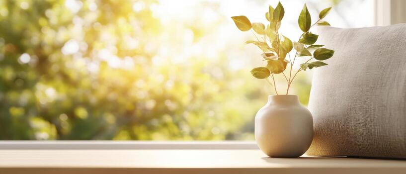 serene home scene featuring plant in vase, sunlight streaming through window, creating warm atmosphere photo