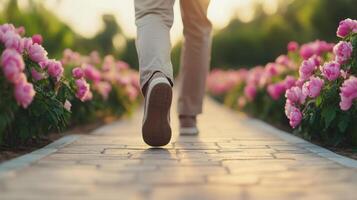 serene park pathway with blooming flowers, inviting peaceful stroll photo