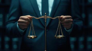 Legal scales held by professional in suit, symbolizing justice and balance photo