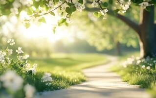 peaceful pathway lined with blossoming trees and vibrant flowers, inviting tranquility and serenity photo
