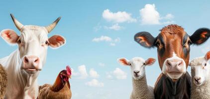cheerful farm scene with cows, sheep, and chicken enjoying sunny day, showcasing vibrant World Animal Day concept with perfect light photo