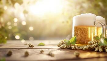 Refreshing frothy beer in glass mug, surrounded by hops and greenery, evokes warm, inviting atmosphere photo