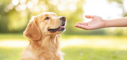 golden retriever eagerly awaits treat from hand in sunny park photo