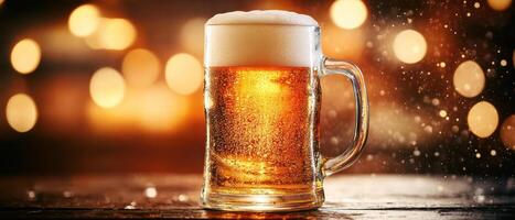frothy beer mug glistens with bubbles, celebrating moments of joy and relaxation photo