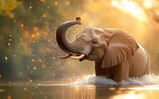 heartwarming moment of elephant splashing water in river, glowing natural light creates joyful and serene scene, perfect for World Animal Day photo