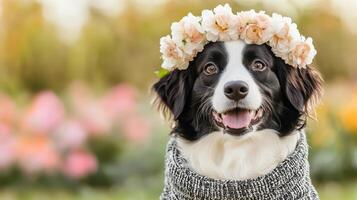 joyful dog wearing flower crown and cozy sweater in garden setting photo