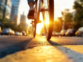 Sunset view of cyclist riding on city street, creating vibrant atmosphere. warm light enhances urban landscape photo
