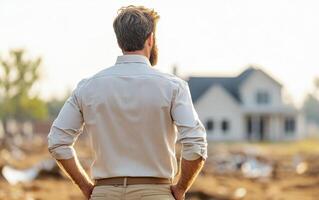 Man in light shirt stands with hands on hips, observing house in construction site, reflecting on changes around him photo