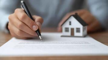 close up of hands signing property insurance document with model house nearby, symbolizing home ownership and security photo