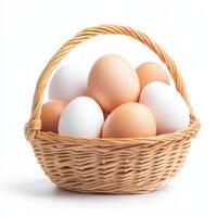 Fresh organic eggs in woven basket, perfect for farm to table meals photo