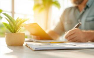travel agent discussing insurance options while taking notes photo