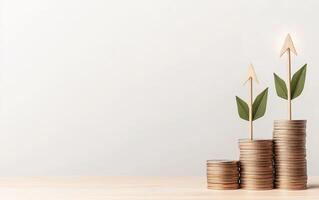 Growing wealth represented by stacked coins and upward arrows photo