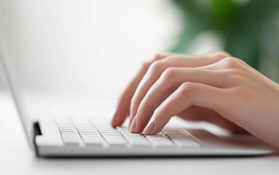 Typing hands on laptop keyboard, focused on work and productivity photo