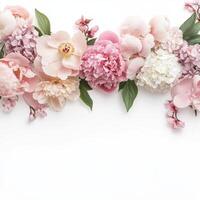 Lush floral arrangement featuring peonies, hydrangeas, and orchids in soft pinks photo
