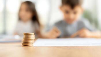 Organizing monthly budget with coins and children at dining table photo