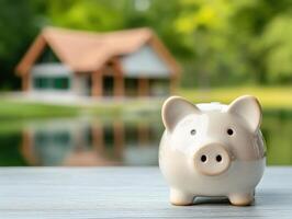 charming piggy bank sits on wooden table, with serene house by lake in background, evoking feelings of tranquility and savings photo