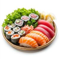 Gourmet sushi platter featuring fresh salmon, tuna, and decorative garnishes. vibrant display of flavors and textures photo
