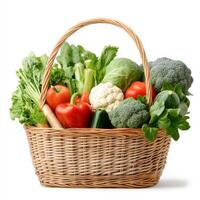 Fresh vegetables in large wicker basket, including broccoli, lettuce, and peppers, create vibrant and healthy display photo