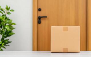 minimalistic scene featuring package on doorstep, evoking anticipation and simplicity photo