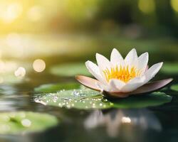 Sparkling water droplets on lotus leaf in sunlight create serene atmosphere, highlighting nature beauty and tranquility photo