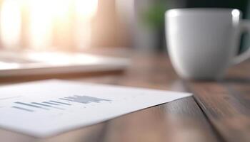 Financial report on wooden table with coffee cup, showcasing data analysis photo