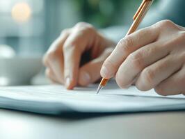 person hand writing on financial documents with pen, focused and engaged photo