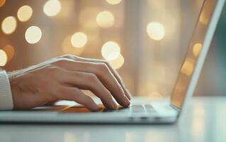person typing on laptop with blurred background of lights, creating warm atmosphere photo