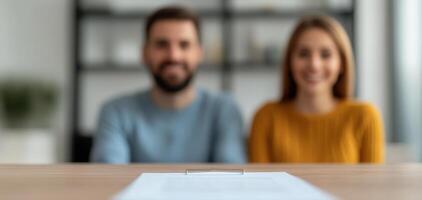 Discussing financial security, couple sits together, focusing on important documents. Their expressions reflect concern and hope photo