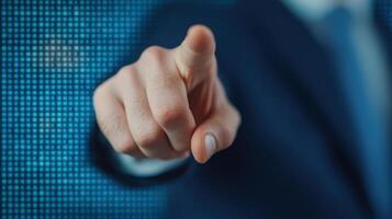 Business professional pointing at digital data, emphasizing key insights photo