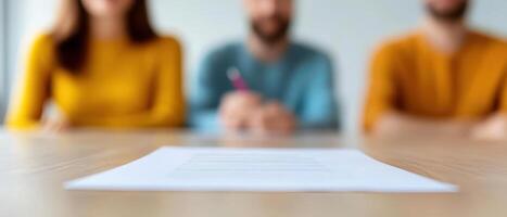 Group discussing investment plans at table, focused on documents photo